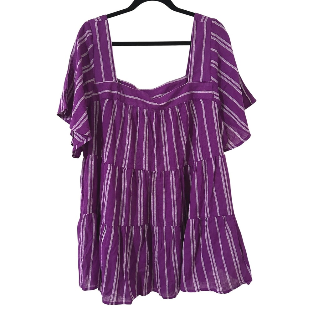 Terra & Sky Purple Striped Tiered Babydoll Top Linen Blend Plus Size 2X 20W-22W